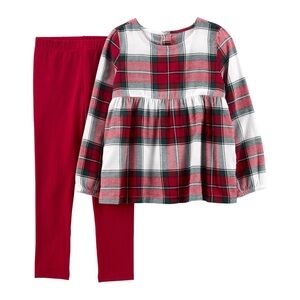 Baby Girl Plaid Flannel Long Sleeve Top Red Leggings Outfit Set Size 9 months